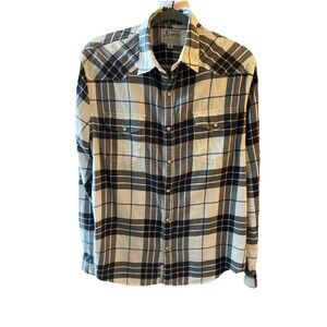 Lucky Brand Western Shirt Mens L Pearl Snap Long Sleeve Plaid Saturday Stretch